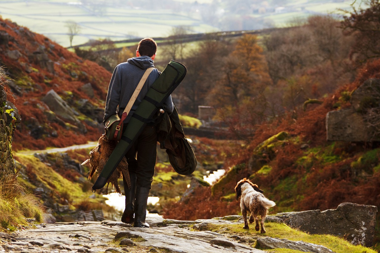Hunter and his game with dog walking through a fall colored valley
