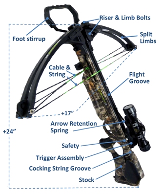 Illustration of the safety features on a camouflage cross bow