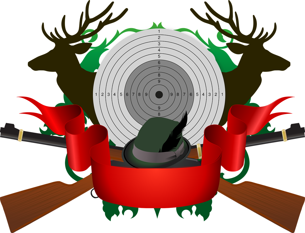 Red, green, and black graphic of rifles, deer, and a target